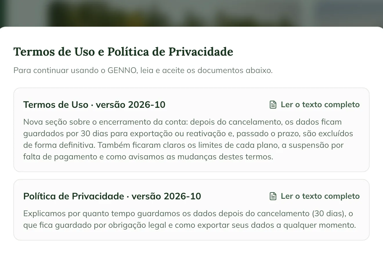 Janela Termos de Uso e Política de Privacidade na web, com o resumo de cada documento, Ler o texto completo, a caixa Li e aceito e os botões Sair e Aceitar e continuar