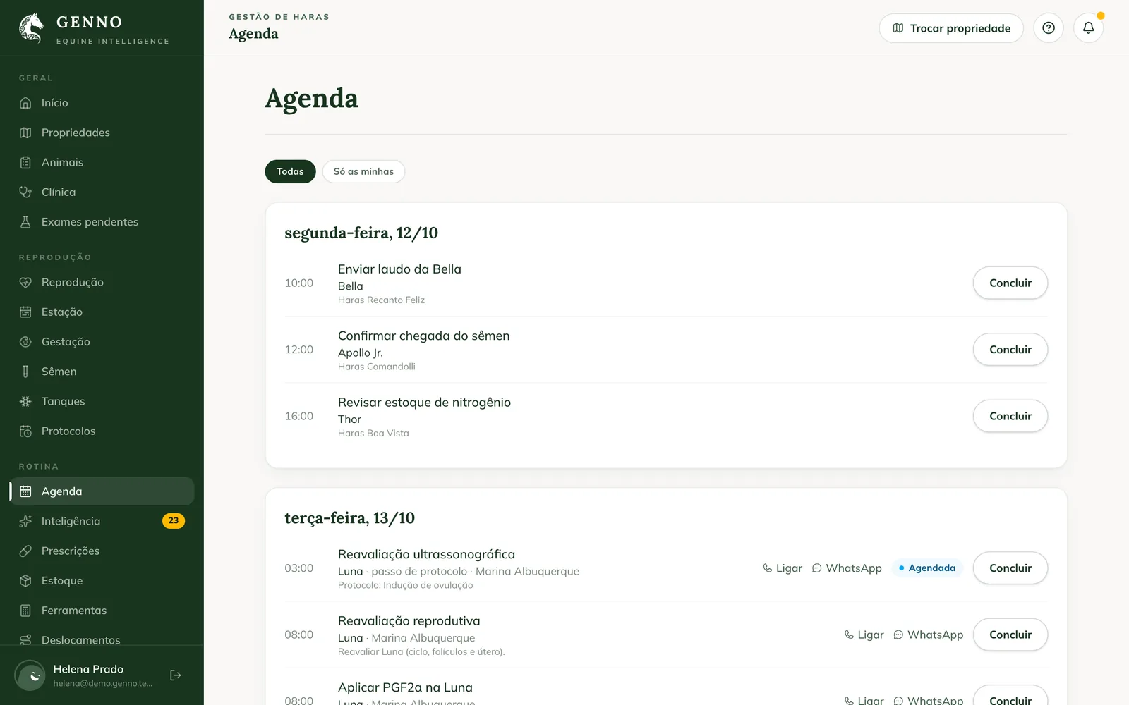 Agenda na web, com os filtros Todas e Só as minhas e as tarefas de segunda e terça, com Ligar, WhatsApp e Concluir