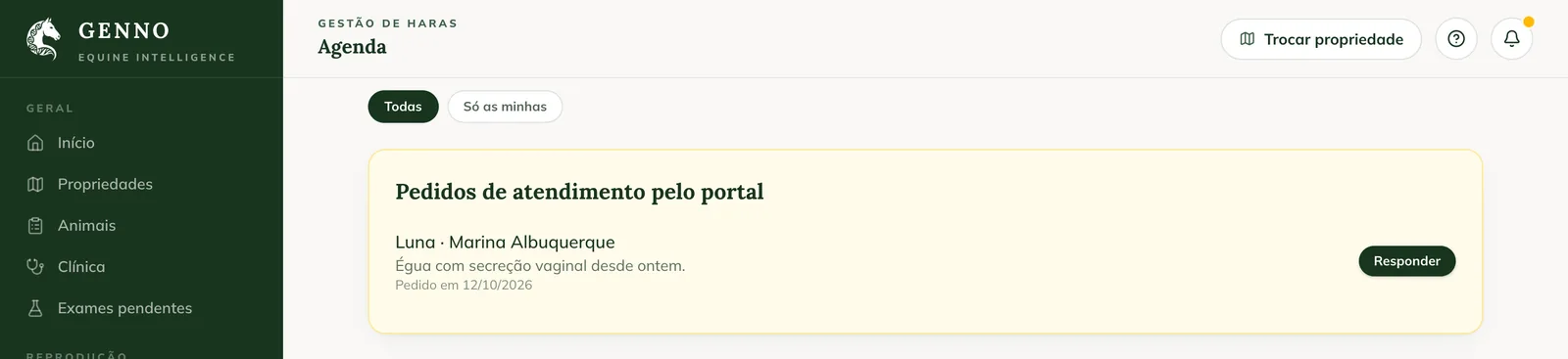 Pedidos de atendimento pelo portal na agenda da web, com o pedido da Luna, da proprietária Marina Albuquerque, e o botão Responder