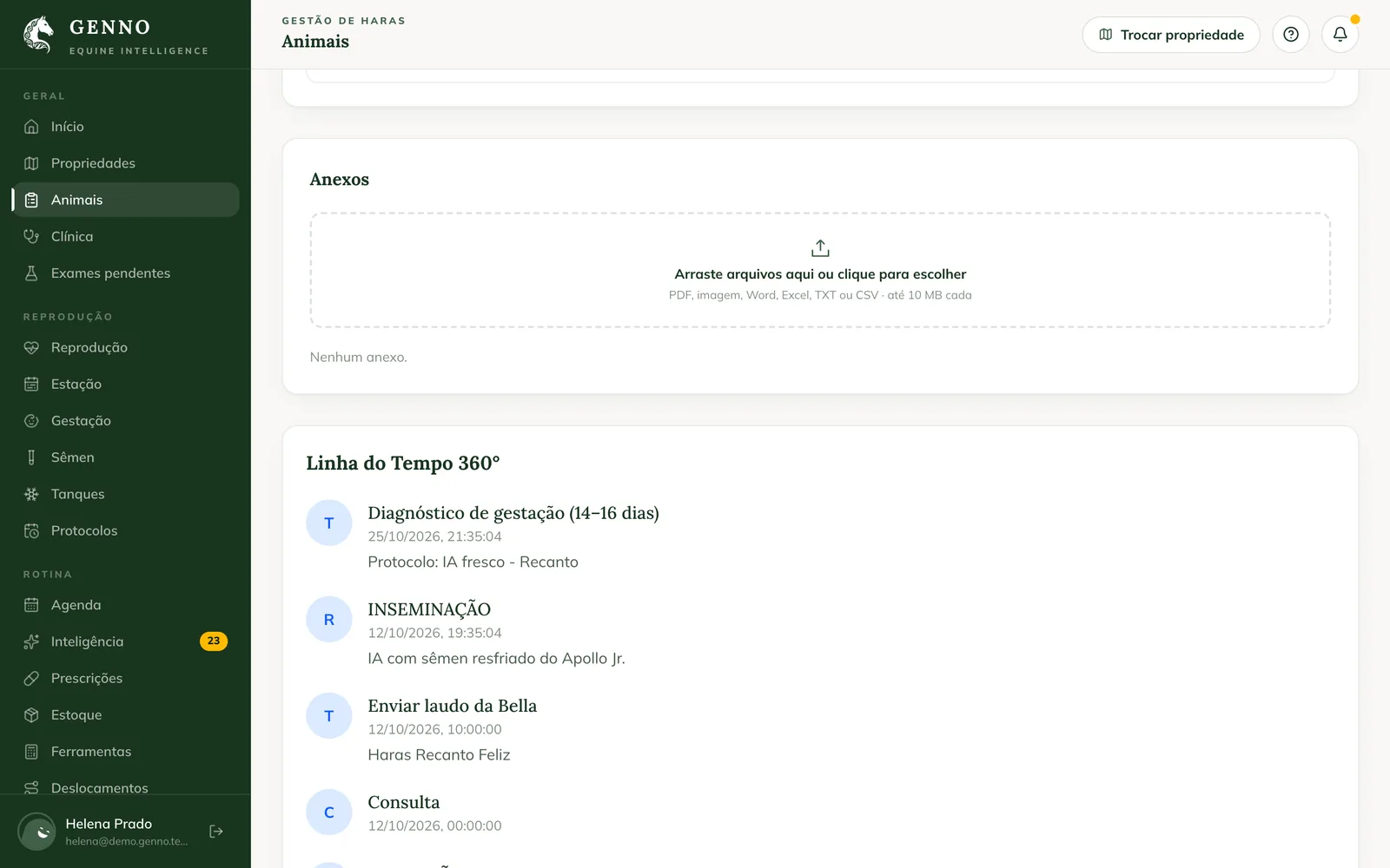 Anexos e Linha do Tempo 360° na ficha da web, com a área para arrastar arquivos e os eventos do animal