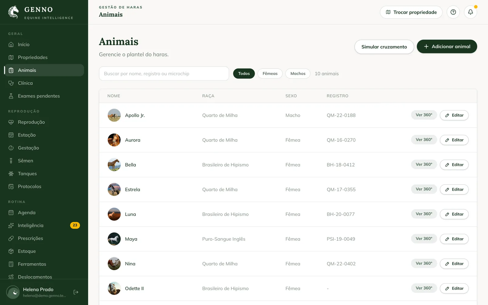 Lista Animais na web, com a busca, os filtros Todos, Fêmeas e Machos, e os botões Simular cruzamento e Adicionar animal