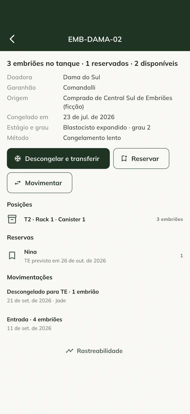 Lote de embriões no app, com as posições, a reserva e as movimentações