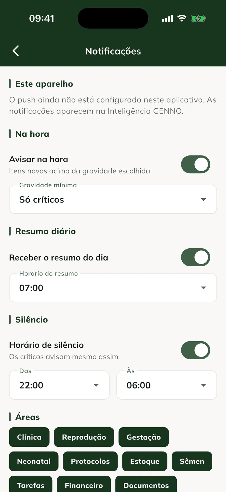 Tela Notificações no app, com Avisar na hora, Gravidade mínima, Resumo diário, Horário de silêncio e as áreas