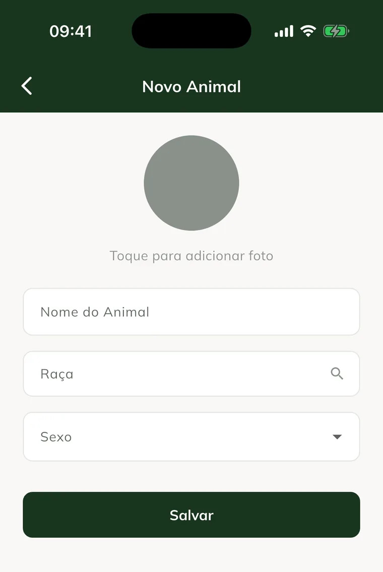 Tela Novo Animal no app, com a foto, Nome do Animal, Raça, Sexo e o botão Salvar