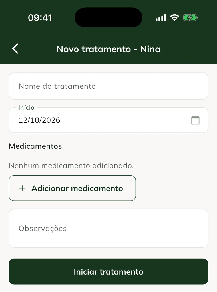 Tela Novo tratamento no app, com Nome do tratamento, Início, Medicamentos, Adicionar medicamento, Observações e o botão Iniciar tratamento