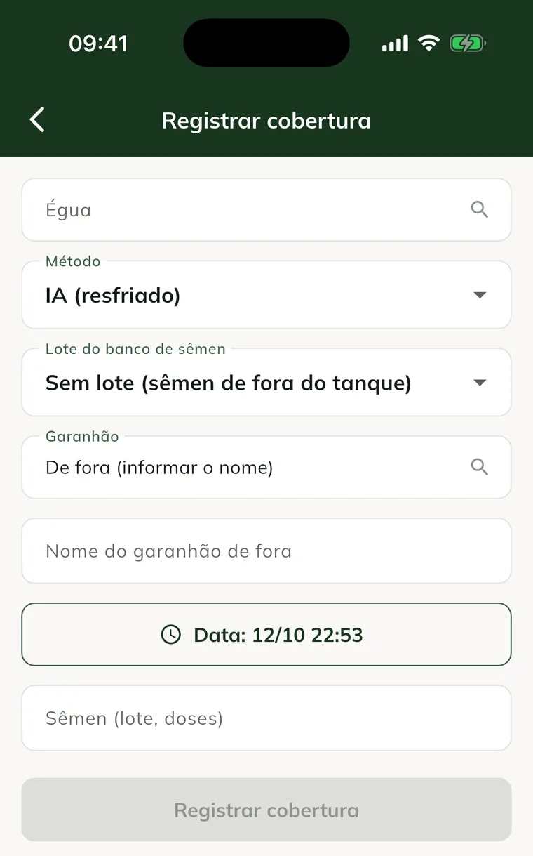 Tela Registrar cobertura no app, com Égua, Método, Lote do banco de sêmen, Garanhão, Data e Sêmen (lote, doses)