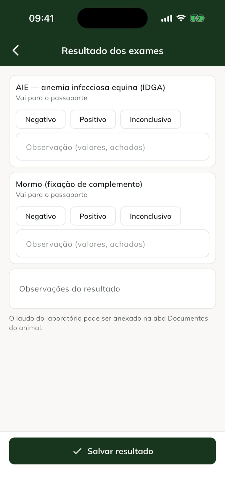 Tela Resultado dos exames no app, com AIE e mormo, os botões Negativo, Positivo e Inconclusivo e o campo de observações