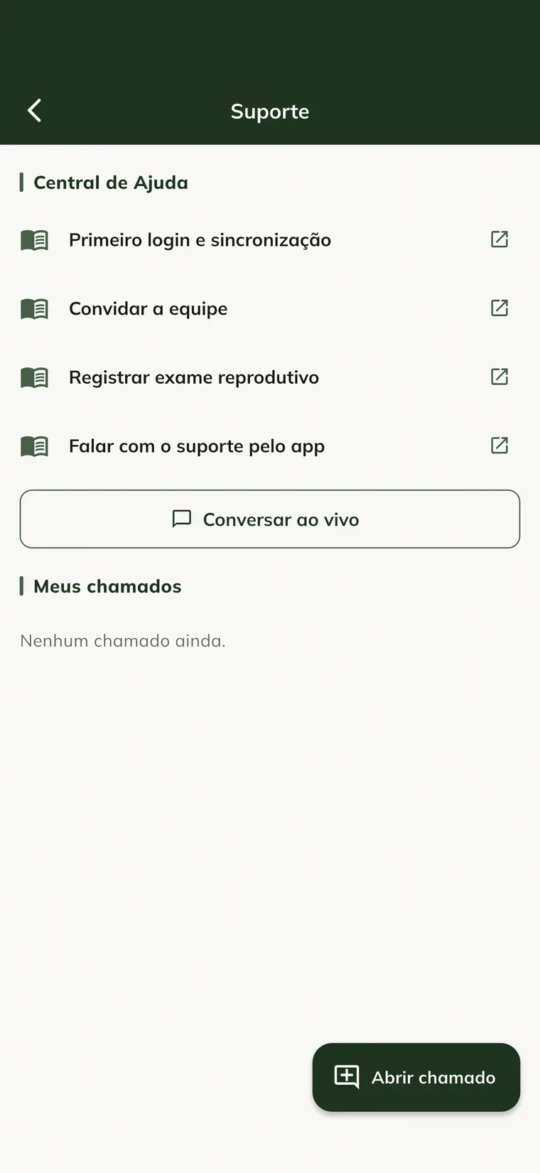 Tela Suporte no app, com os artigos da Central de Ajuda, o botão Conversar ao vivo, Meus chamados e o botão Abrir chamado