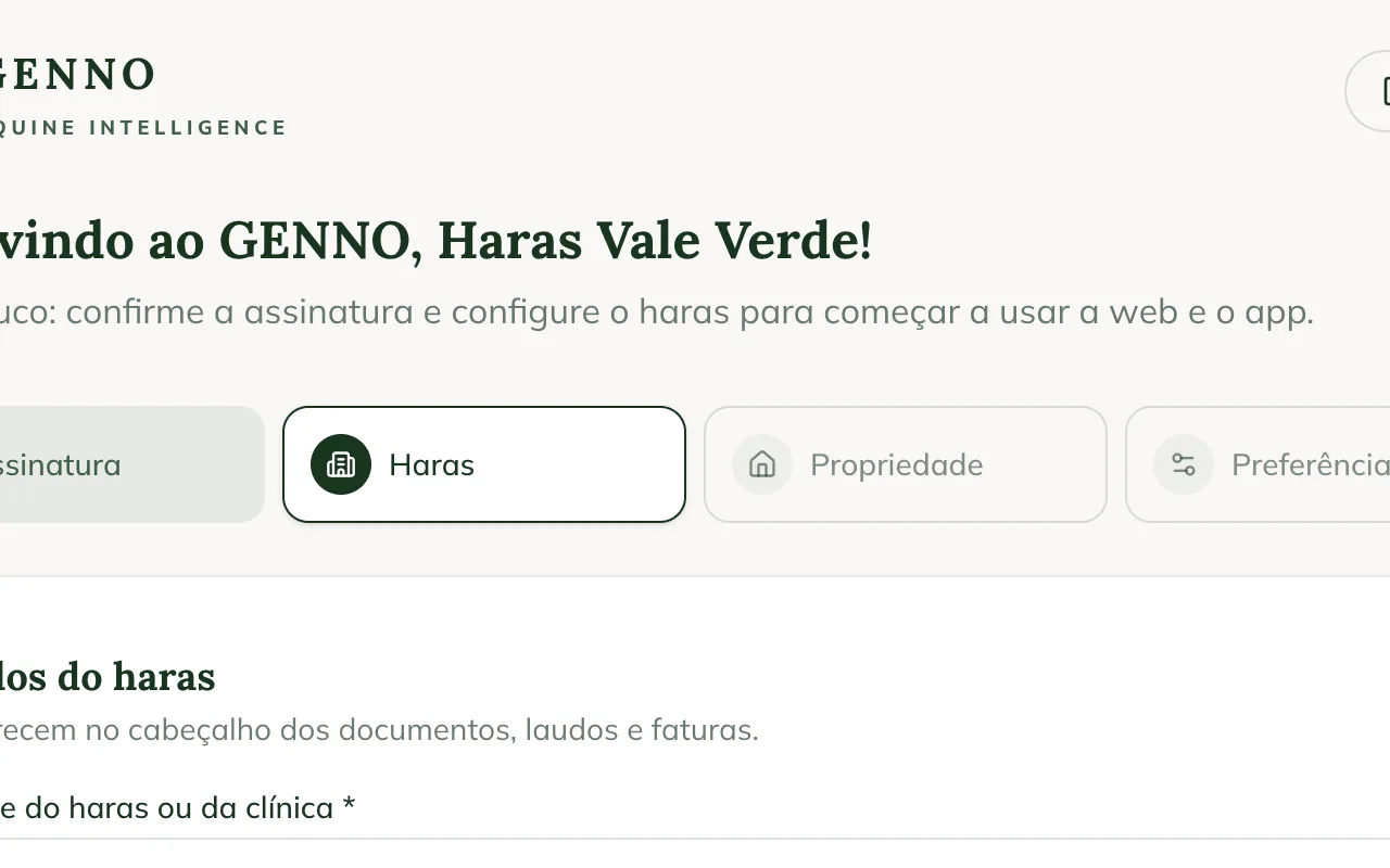 Passo Haras da configuração inicial, com os campos Nome do haras ou da clínica, CPF ou CNPJ, Telefone e Endereço e o botão Continuar