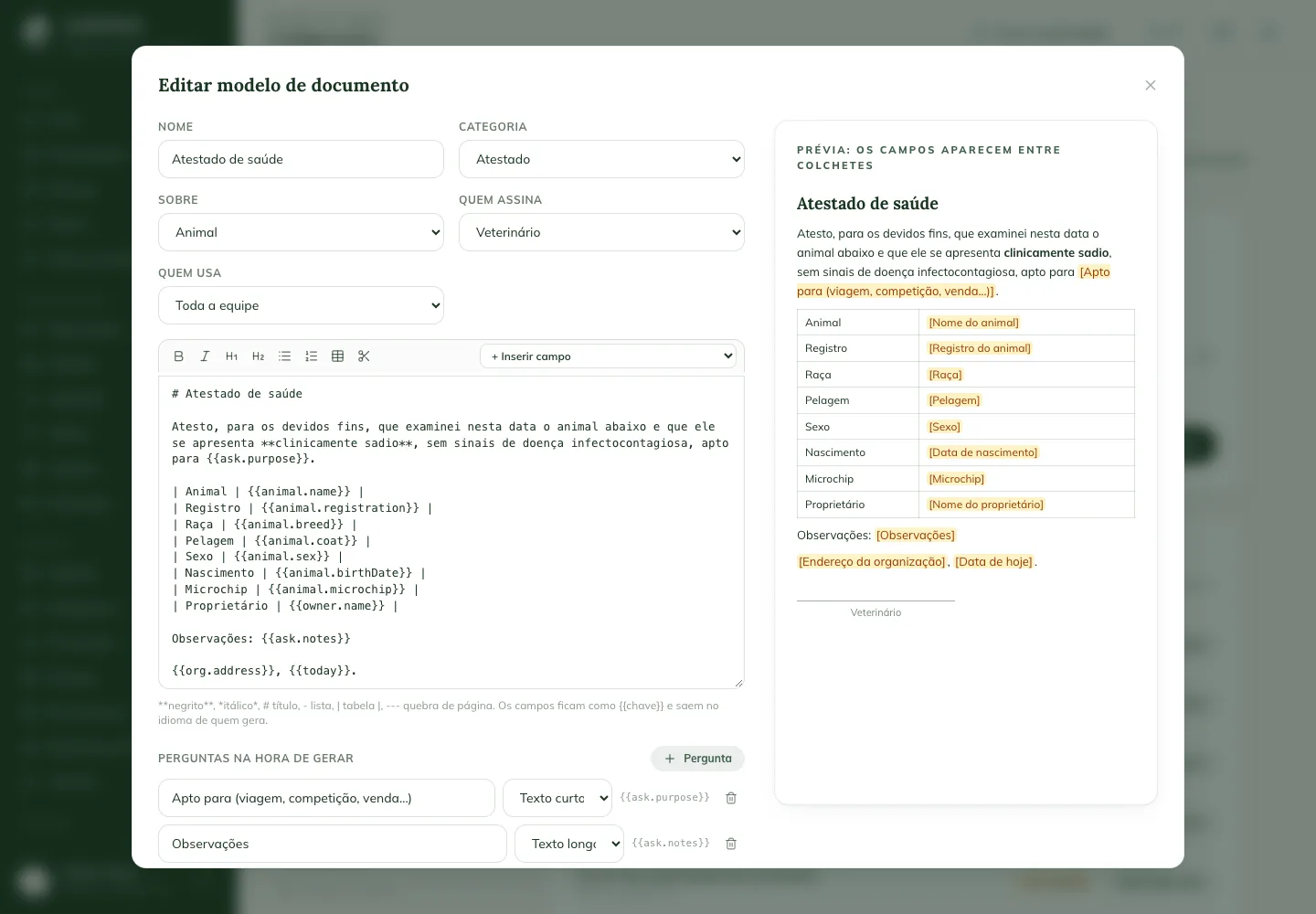 Editor de modelo de documento na web, com a barra de formatação, o botão Inserir campo, as perguntas e a prévia à direita