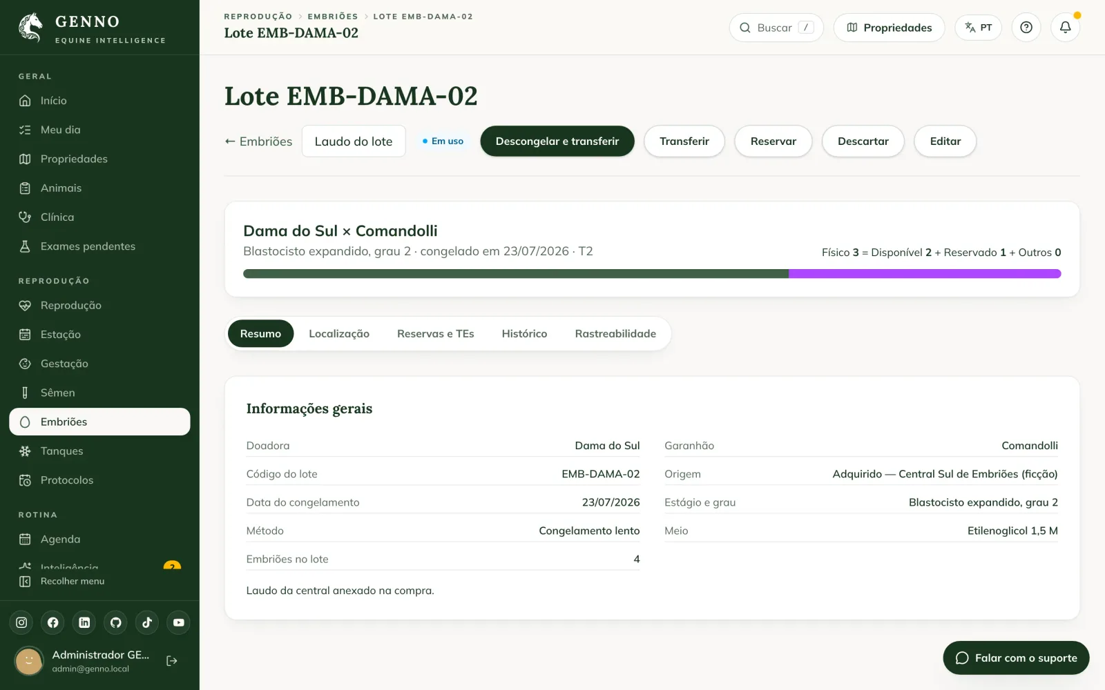 Lote EMB-DAMA-02 na web, com o saldo, os botões Descongelar e transferir e Reservar e as informações gerais