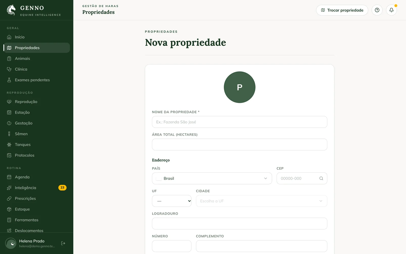 Tela Nova propriedade na web, com a foto, o nome, a área total e os campos de endereço