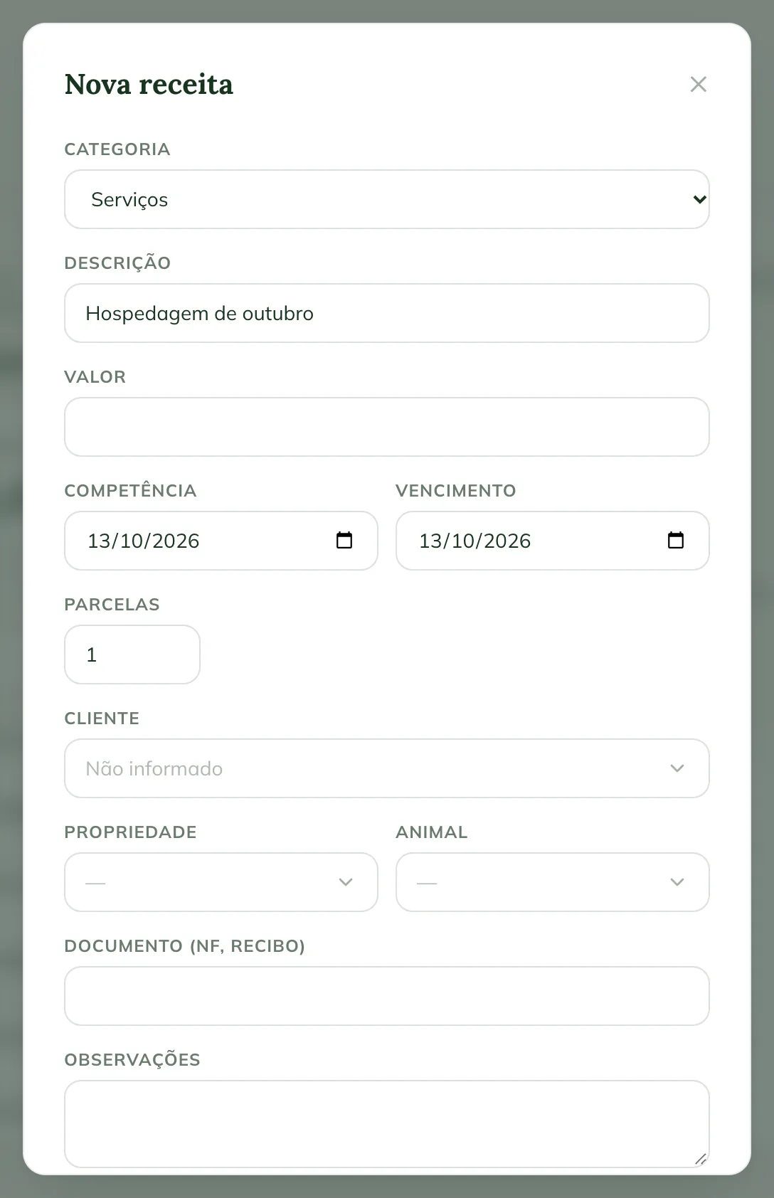 Janela Nova receita na web, com Categoria, Descrição, Valor, Competência, Vencimento, Parcelas, Cliente, Propriedade, Animal e Documento