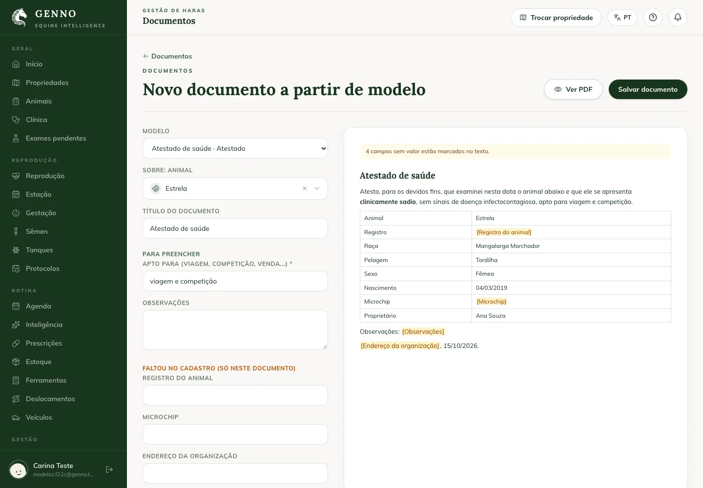 Novo documento a partir de modelo na web, com o Atestado de saúde preenchido com os dados da égua Estrela e a prévia