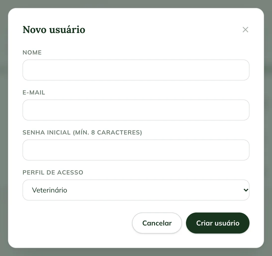 Janela Novo usuário na web, com Nome, E-mail, Senha inicial e Perfil de acesso e os botões Cancelar e Criar usuário