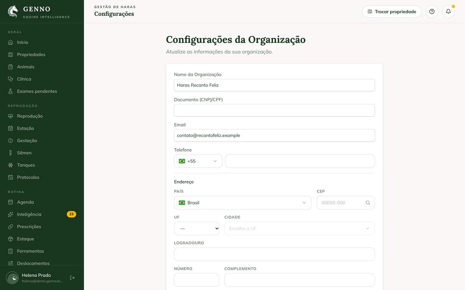 Configurações da Organização na web, com Nome da Organização, Documento (CNPJ/CPF), Email, Telefone e Endereço