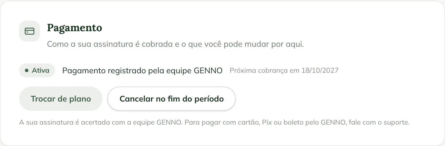 Cartão Pagamento nas Configurações da web, com a situação da assinatura, a próxima cobrança e os botões Trocar de plano e Cancelar no fim do período