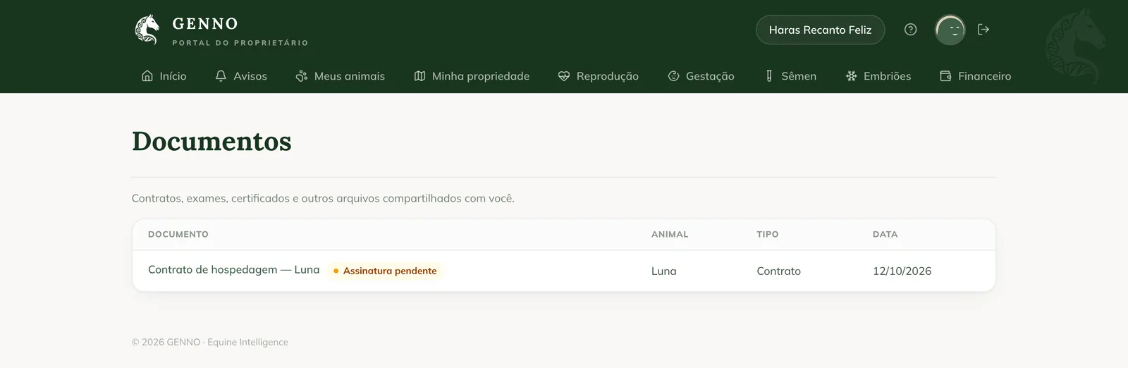 Documentos no Portal do proprietário, com o Contrato de hospedagem da Luna e a etiqueta Assinatura pendente