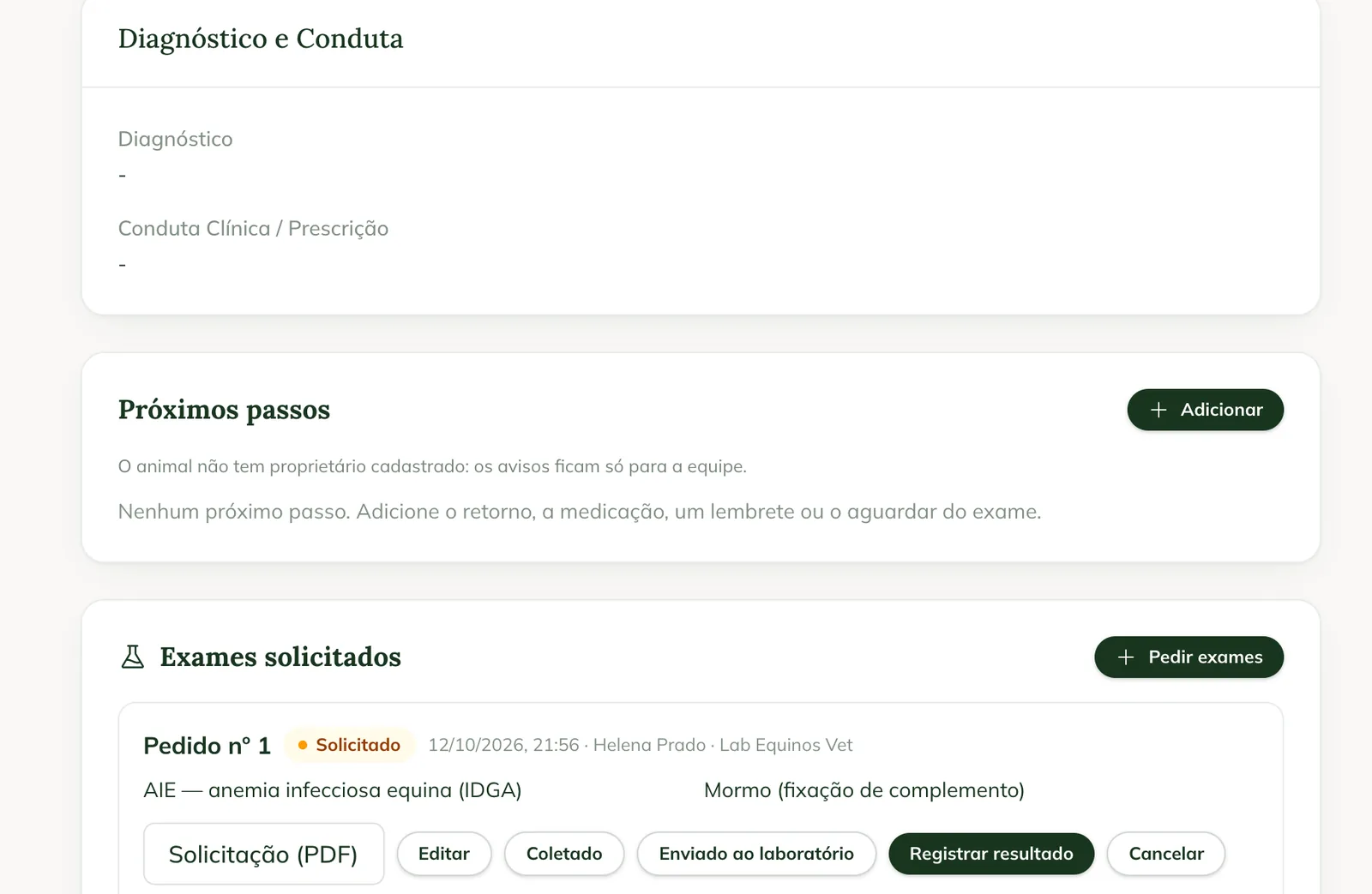 Prontuário na web, com Próximos passos e Exames solicitados, e os botões Solicitação (PDF), Editar, Coletado, Enviado ao laboratório, Registrar resultado e Cancelar