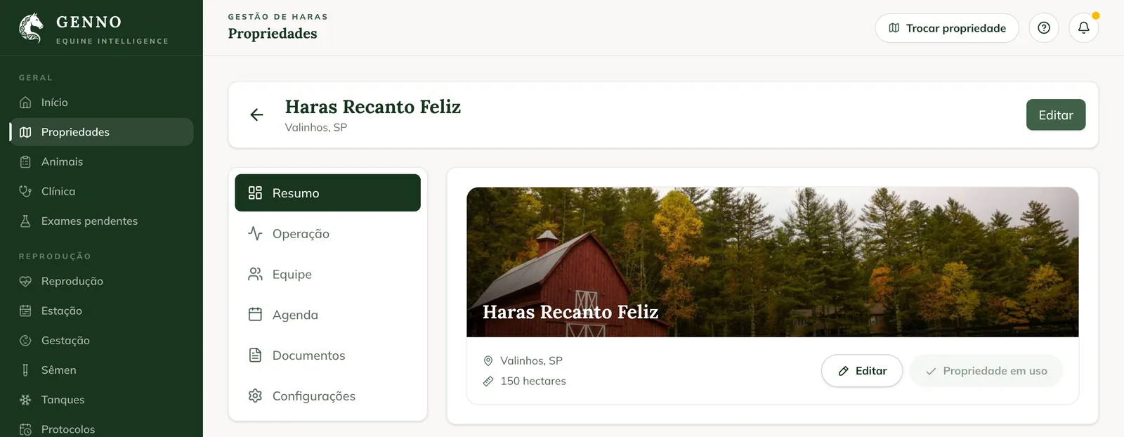 Resumo da propriedade Haras Recanto Feliz na web, com as abas Resumo, Operação, Equipe, Agenda, Documentos e Configurações e o botão Propriedade em uso