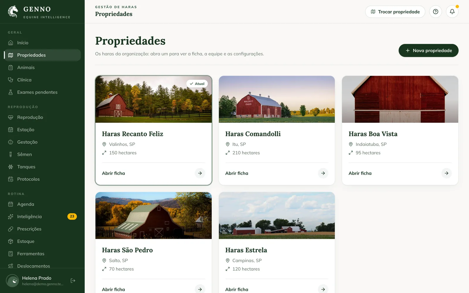 Lista Propriedades na web, com os cartões de cada haras, a cidade, a área e o botão Abrir ficha