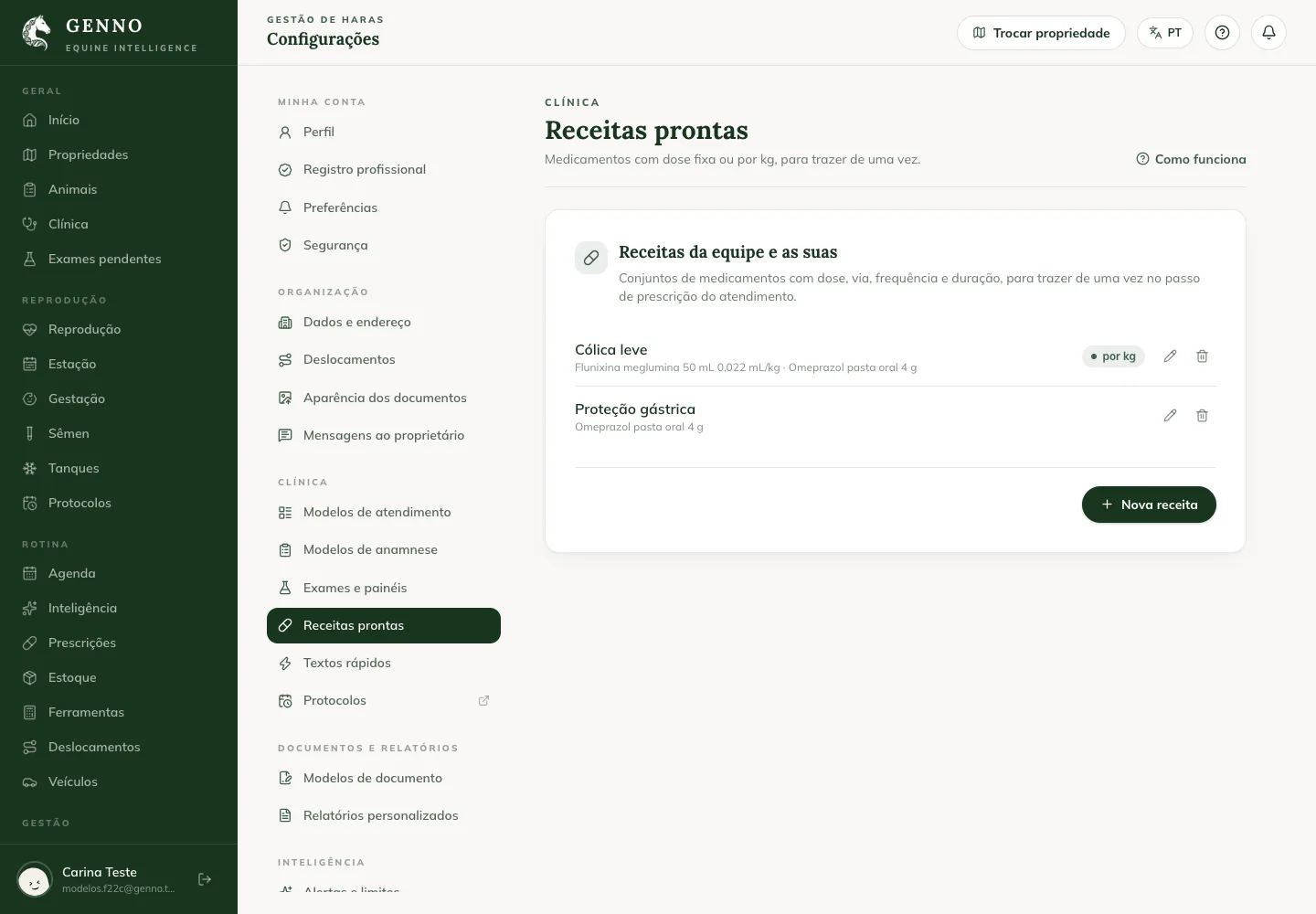 Receitas prontas nas Configurações da web, com a receita Cólica leve marcada por kg