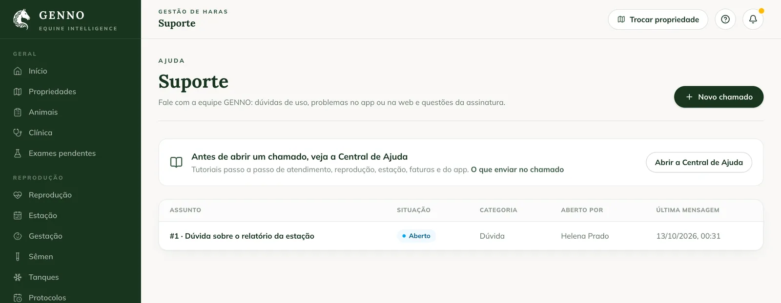 Página Suporte na web, com o atalho para a Central de Ajuda e a lista de chamados com o chamado #1 Aberto