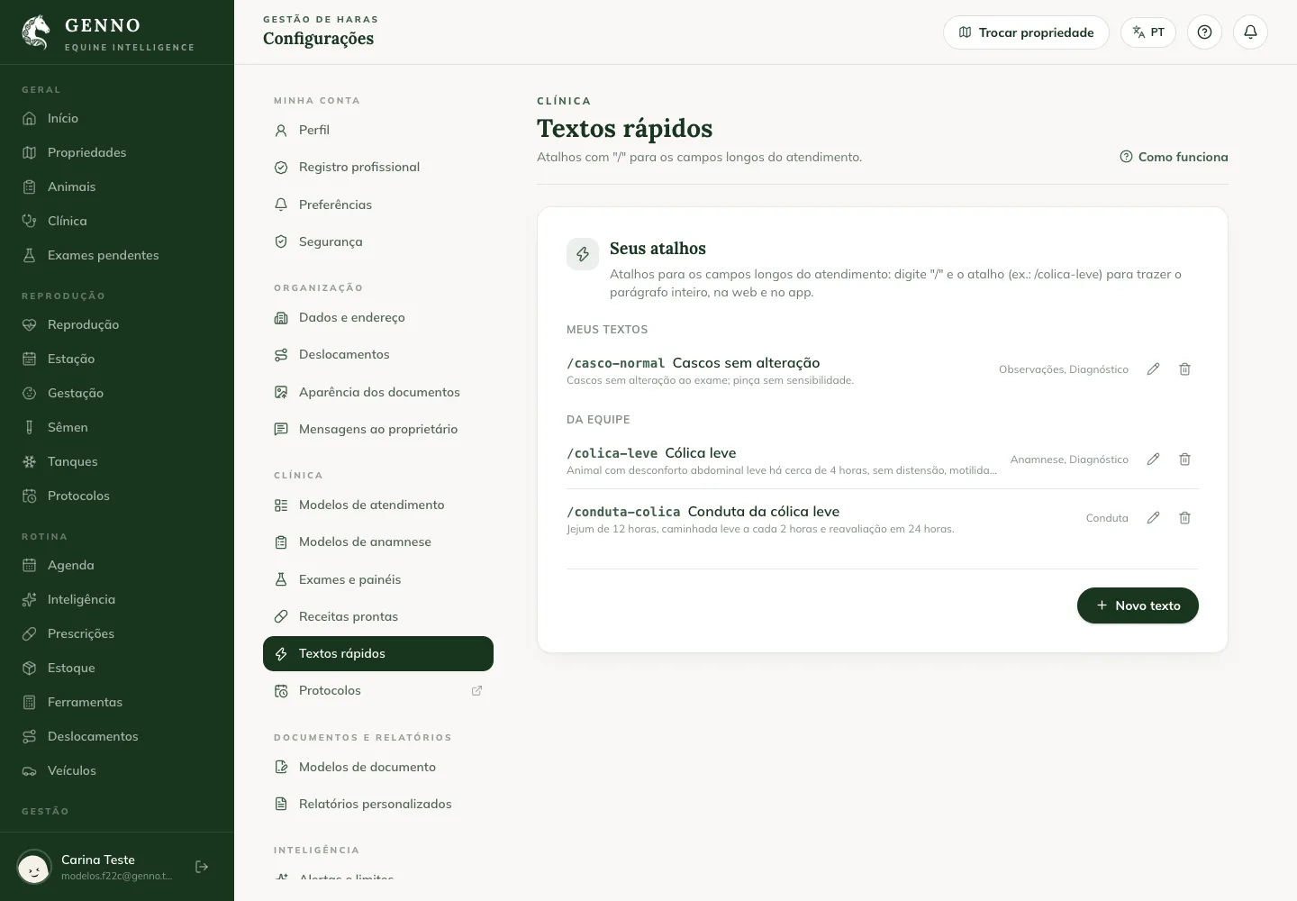 Textos rápidos nas Configurações da web, com os textos pessoais e os da equipe