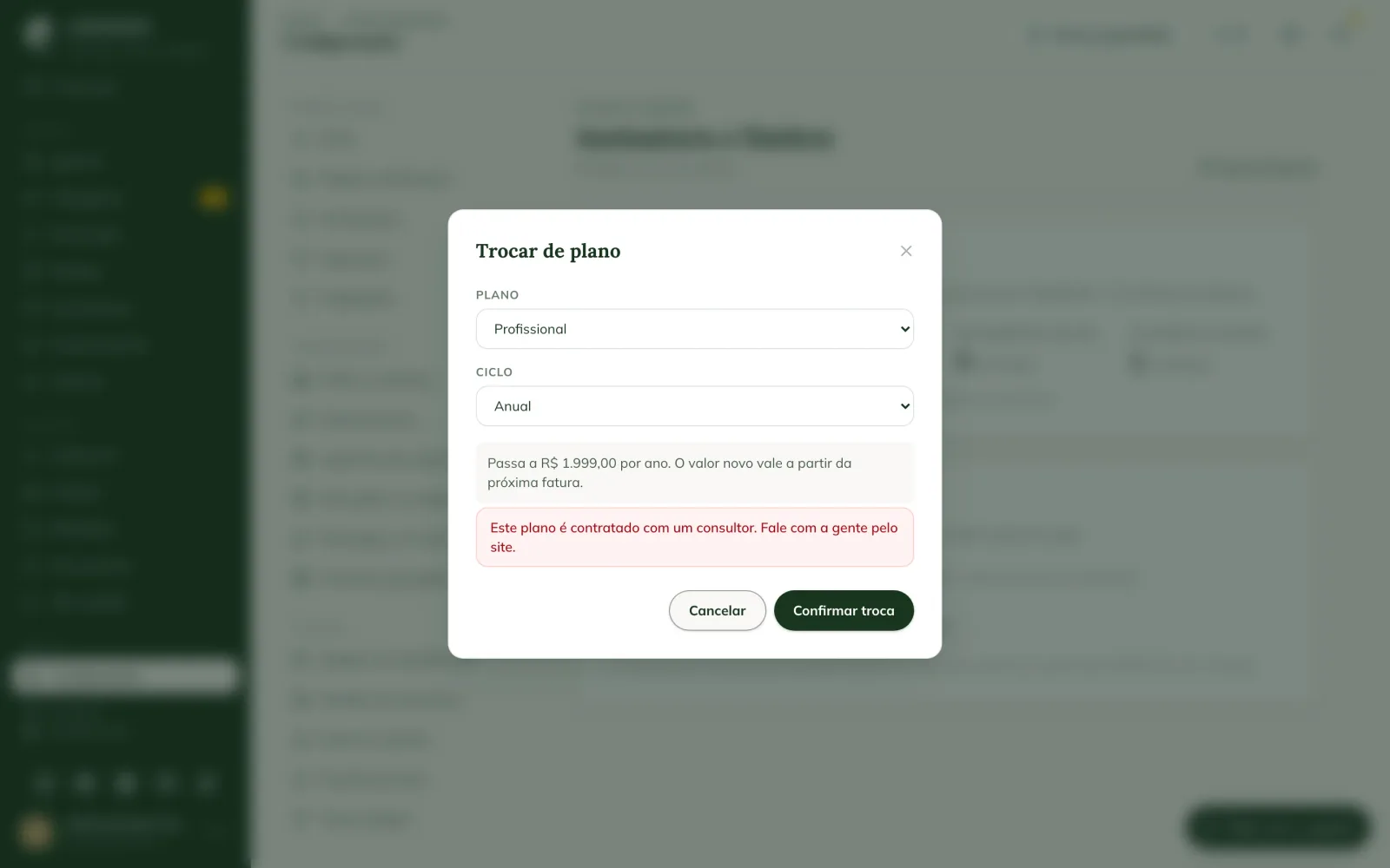 Modal Trocar de plano nas Configurações da web, com o plano e o ciclo escolhidos e a prévia do novo valor