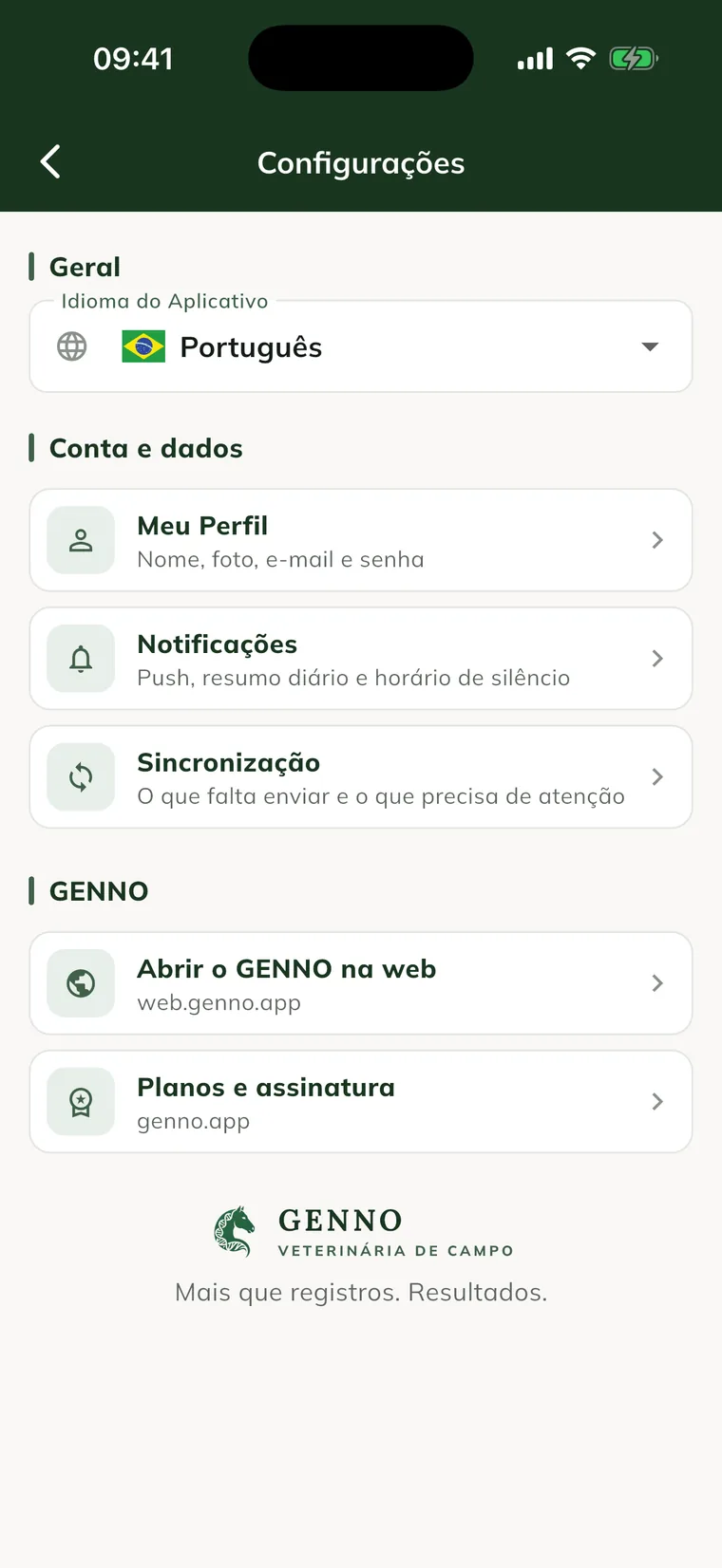 Settings screen in the app, with App language, My Profile, Notifications, Sync, Open GENNO on the web and Plans and subscription