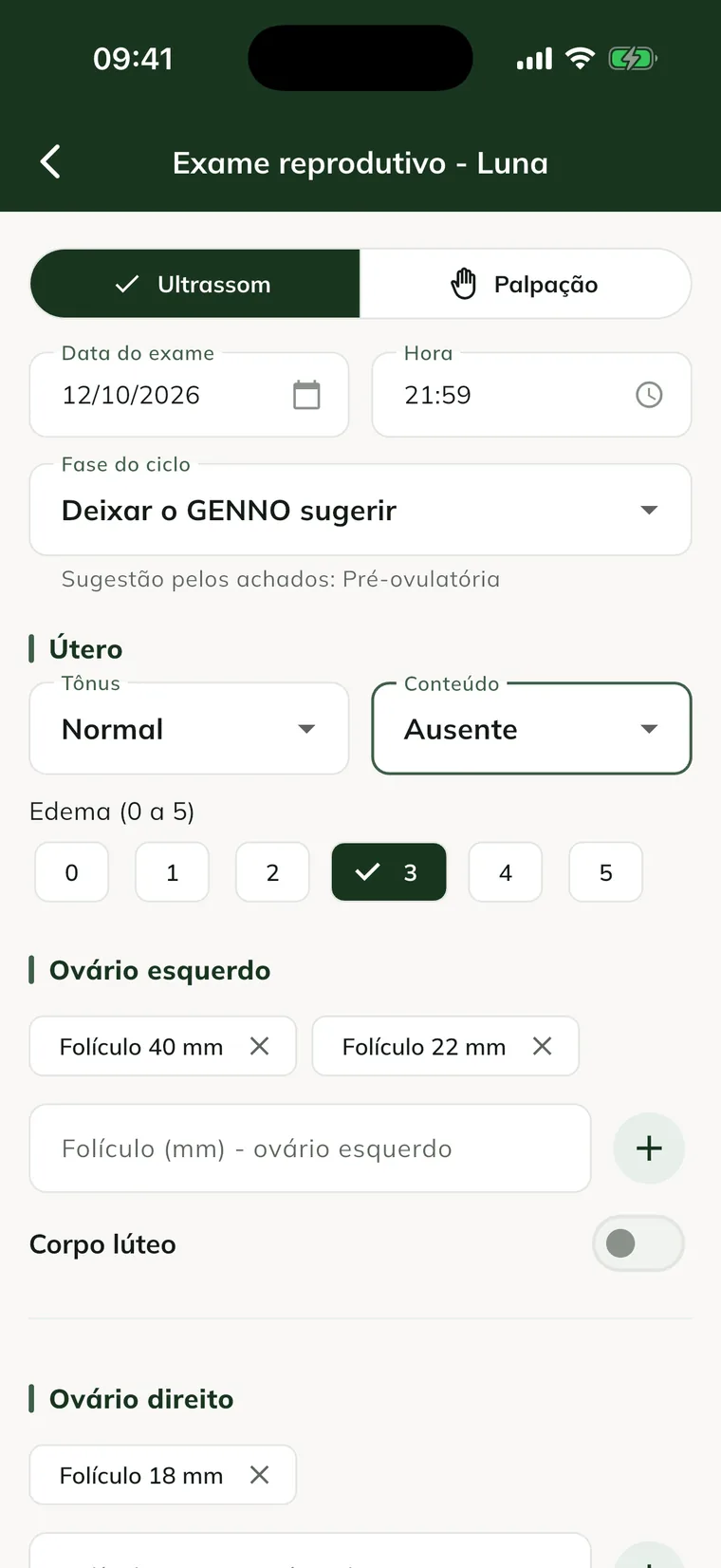 Reproductive exam form with uterus, edema 3 and follicles on the left and right ovaries