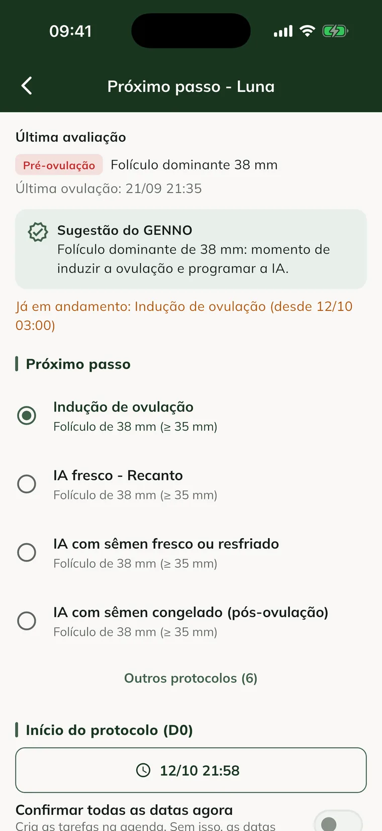 Next step screen for the mare Luna, with the GENNO suggestion and the protocols recommended for the 38 mm follicle