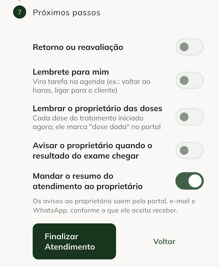 Next steps step of the visit in the app, with Follow-up visit or reassessment, Reminder for me, the owner notices and the Finish Visit button