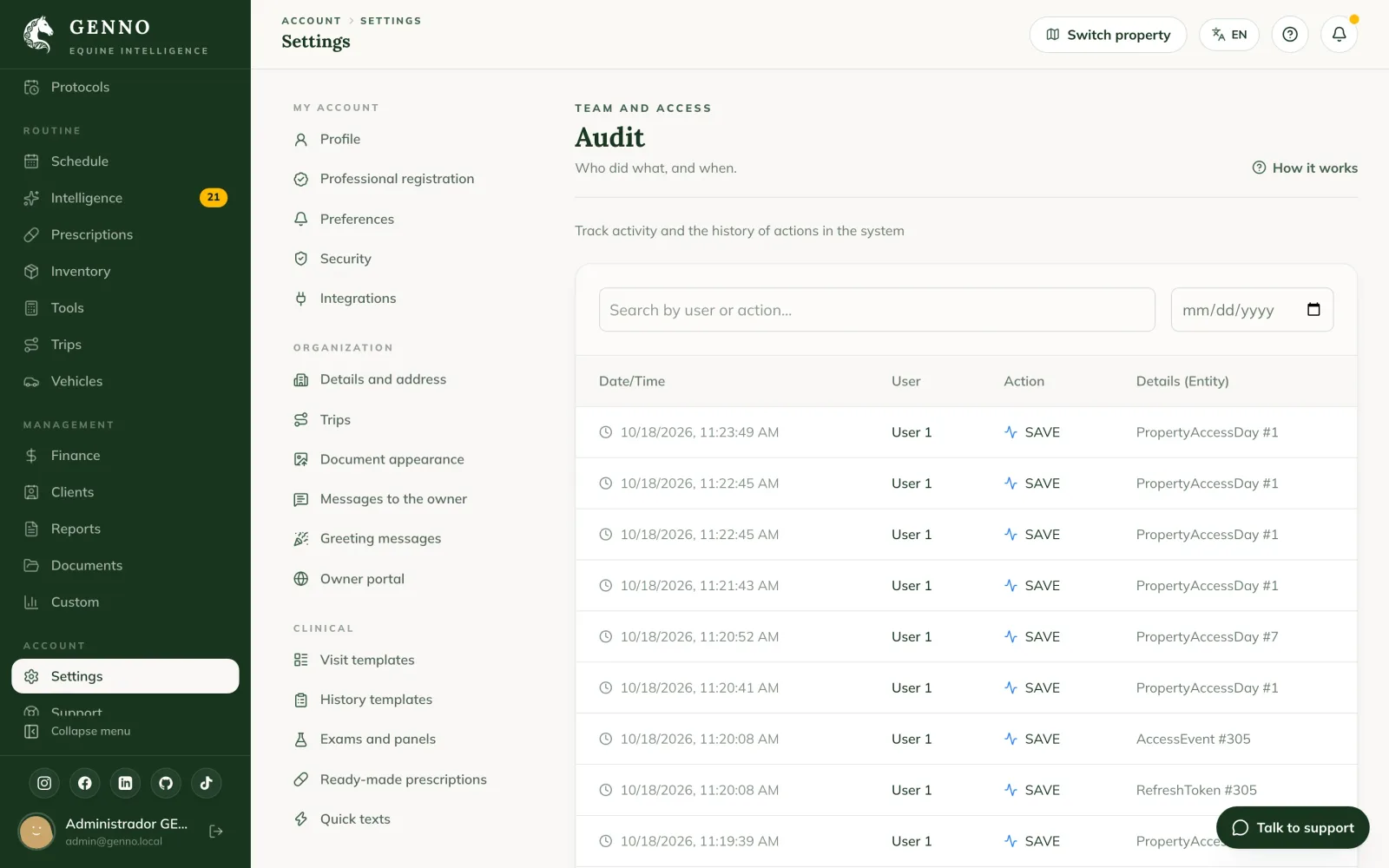 Audit page on the web, with the list of actions, date and time, user, action and entity details