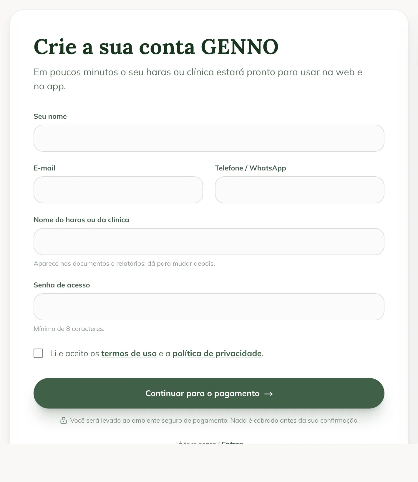 Create your GENNO account form on the website, with Your name, Email, Phone / WhatsApp, Farm or clinic name, Password, the terms acceptance and the Continue to payment button