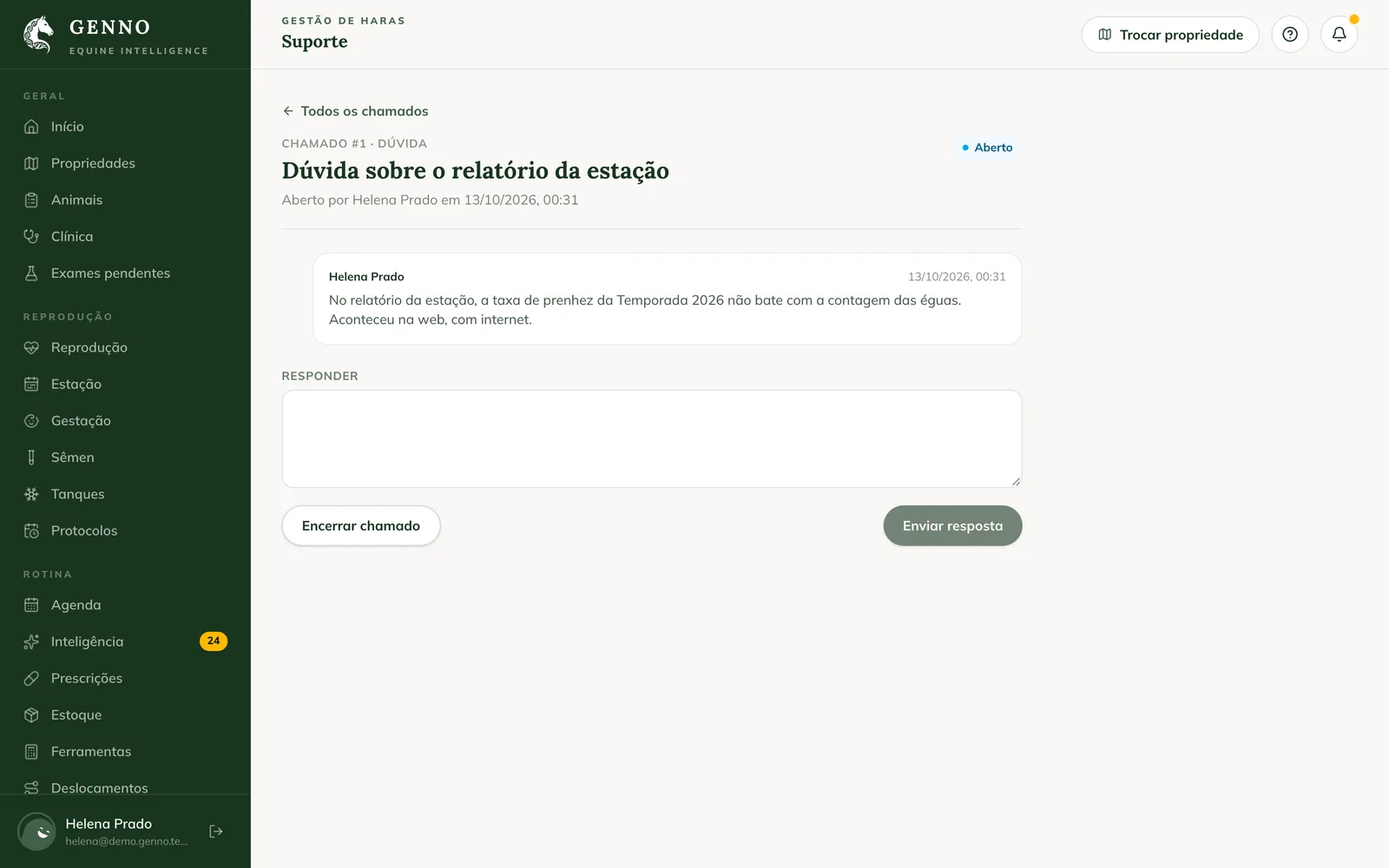 Ticket #1 on the web, with the message from Helena Prado, the Reply field and the Close ticket and Send reply buttons