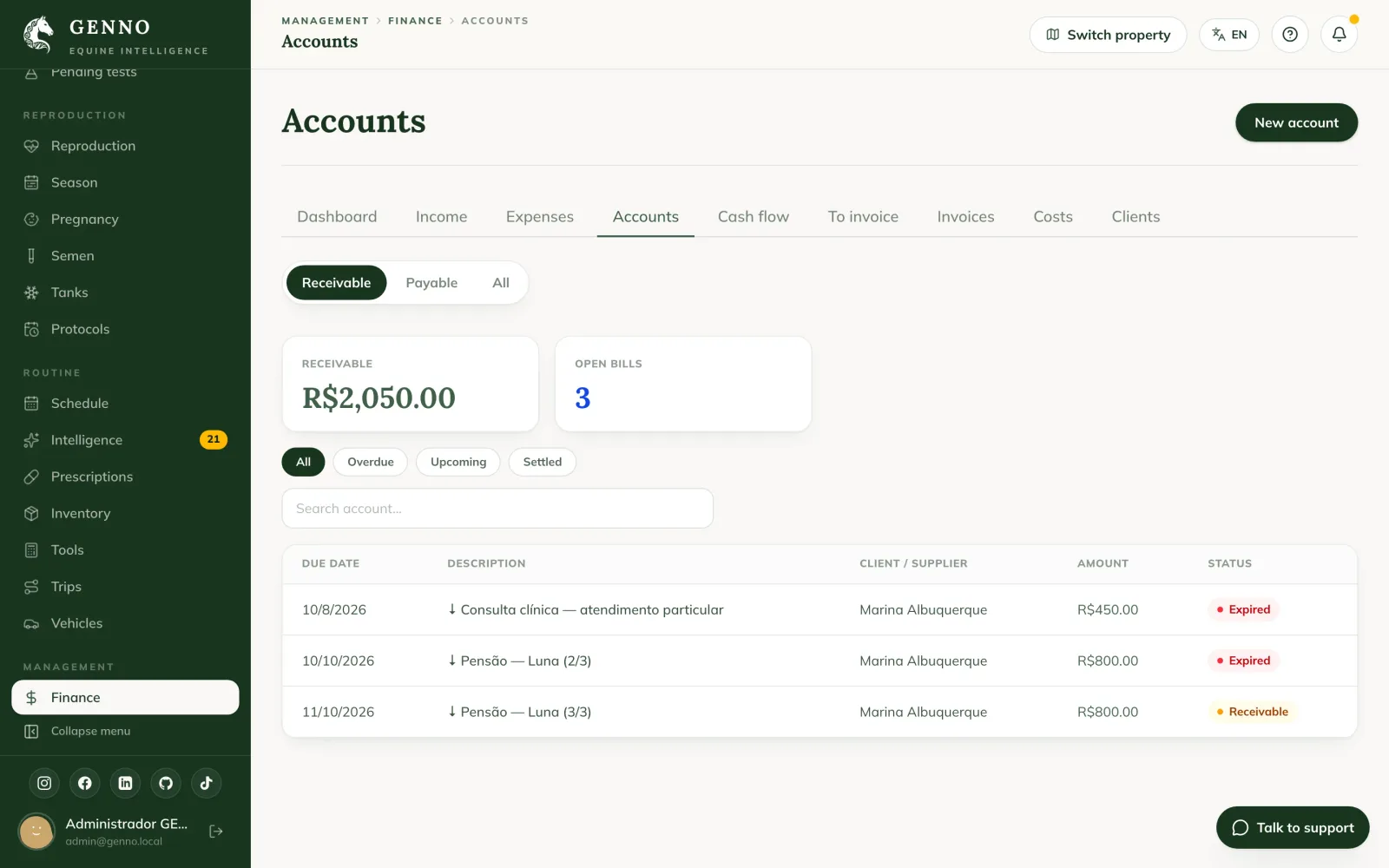 Accounts tab on the web, with Receivable, the total, the open bills, the All, Overdue, Upcoming and Settled filters and the list by due date