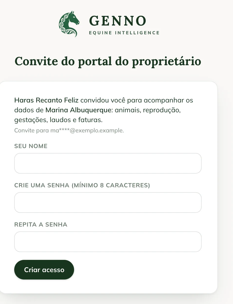 Einladungsseite des Besitzerportals im Web, mit den Feldern Your name, Create a password und Repeat the password und der Schaltfläche Create access