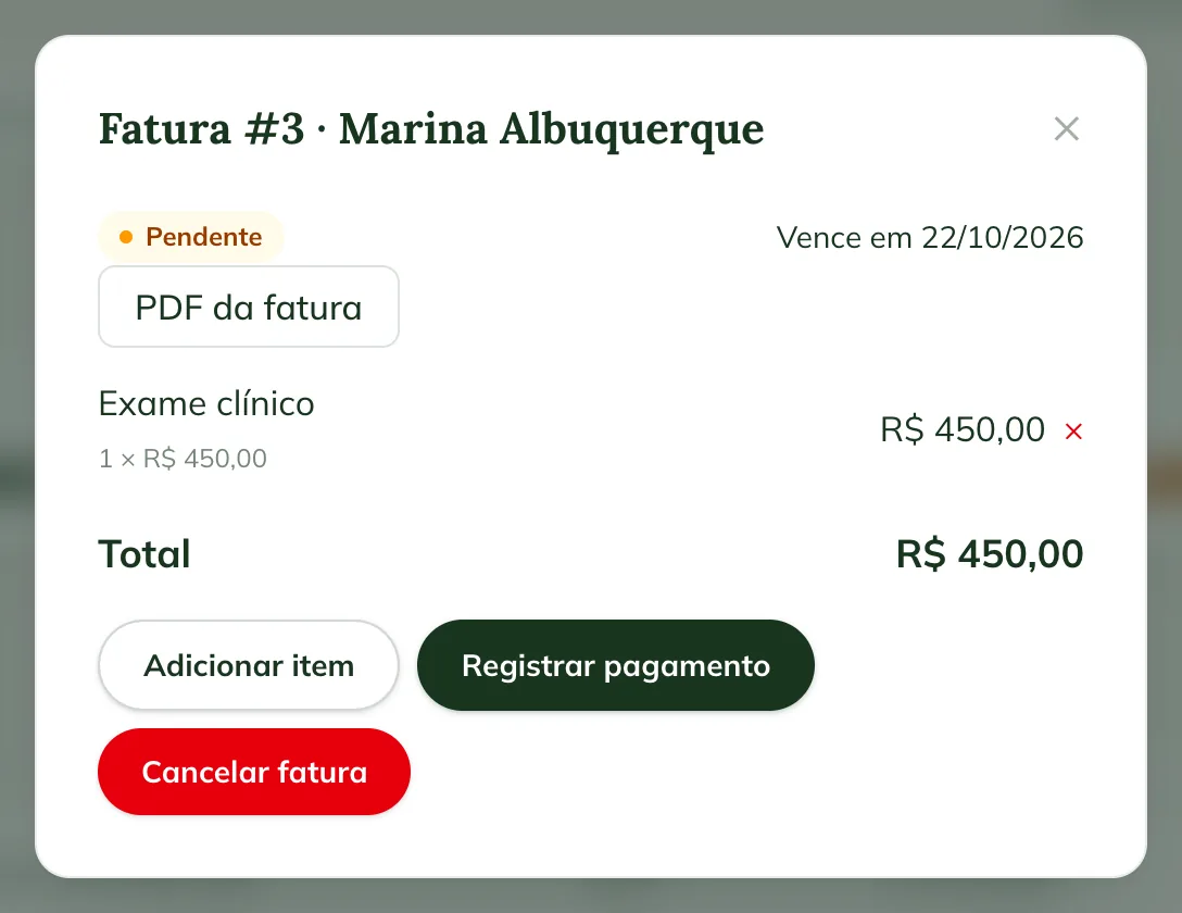 Invoice #3 for the client Marina Albuquerque on the web, with Invoice PDF, the item, the total and the Add item, Record payment and Cancel invoice buttons
