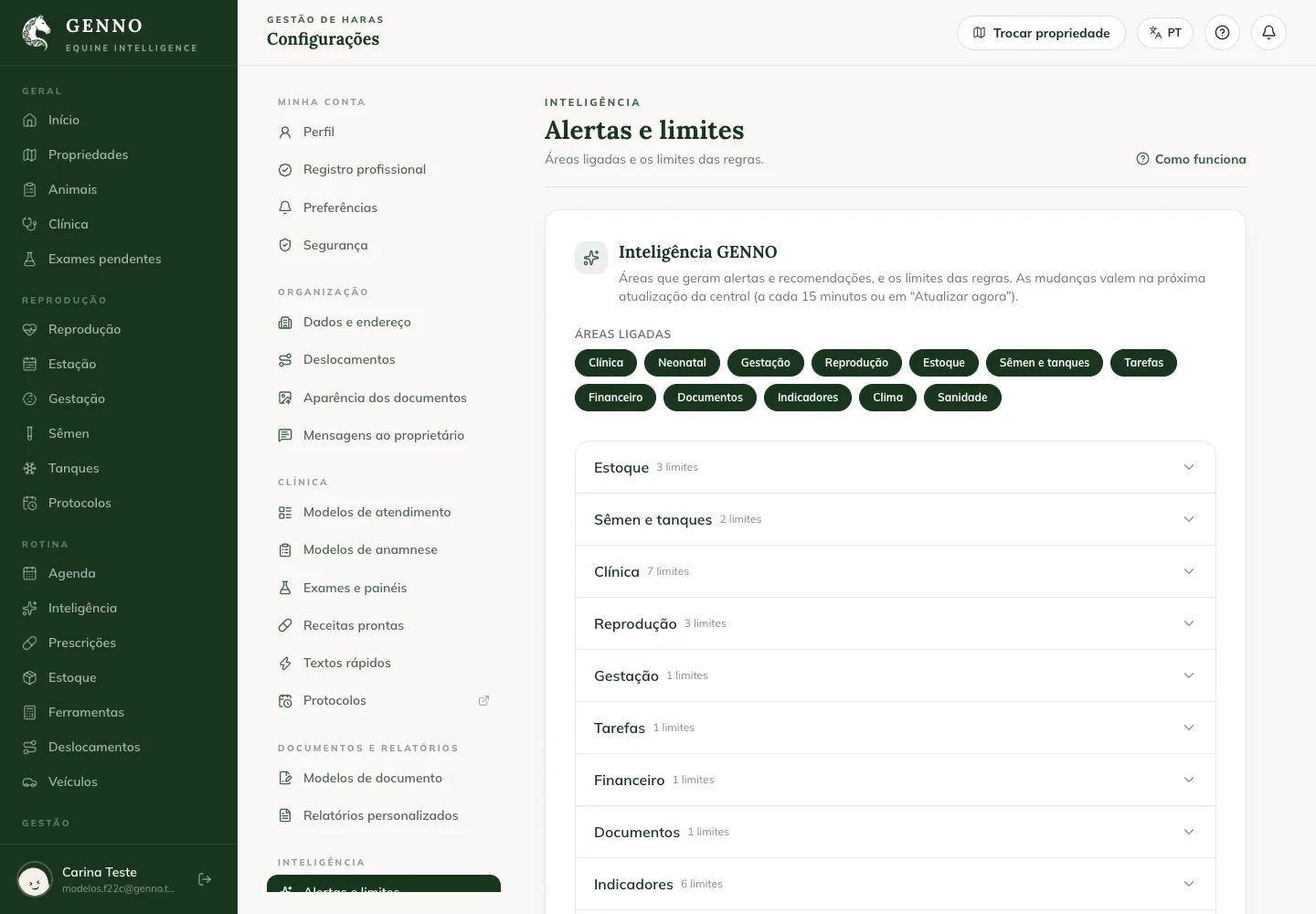 Karte GENNO Intelligence in den Einstellungen im Web, mit den aktivierten Bereichen und den Grenzwerten für Inventory, Semen and tanks und Clinical