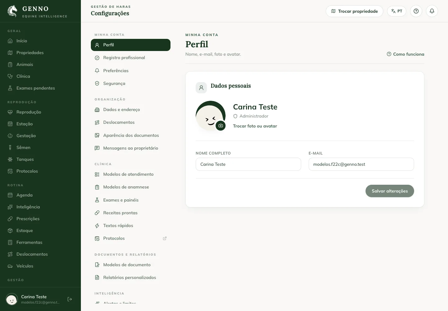 My profile page on the web, with the photo, the Administrator access profile, Full name, Email and Professional registration and signature
