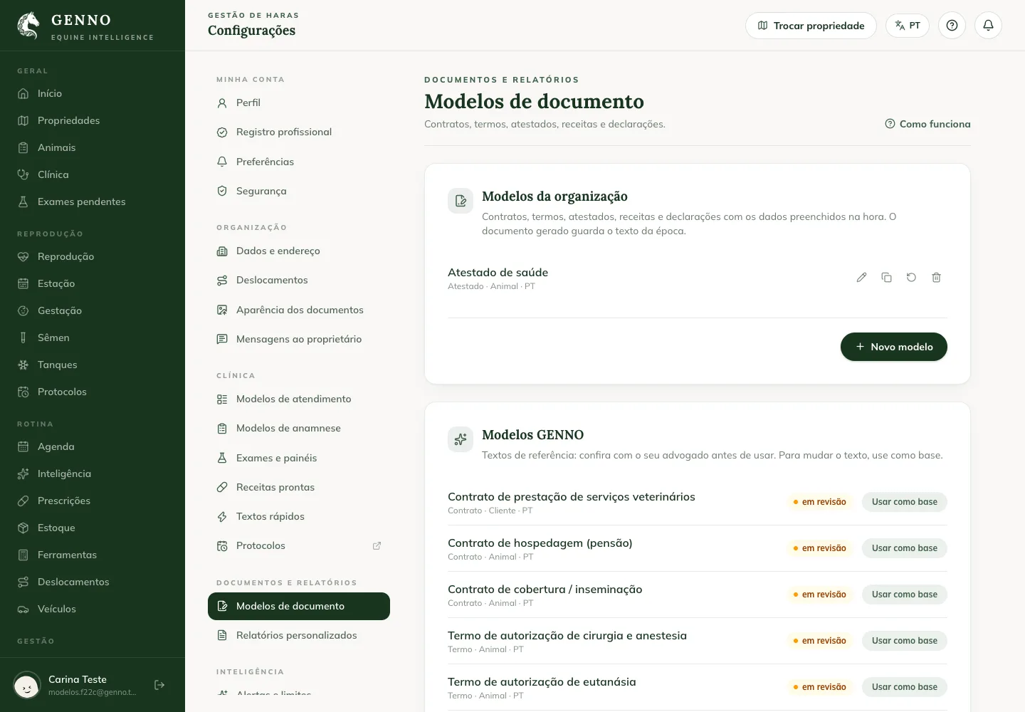 Document templates in den Einstellungen im Web, mit der Vorlage der Organisation und den GENNO-Vorlagen