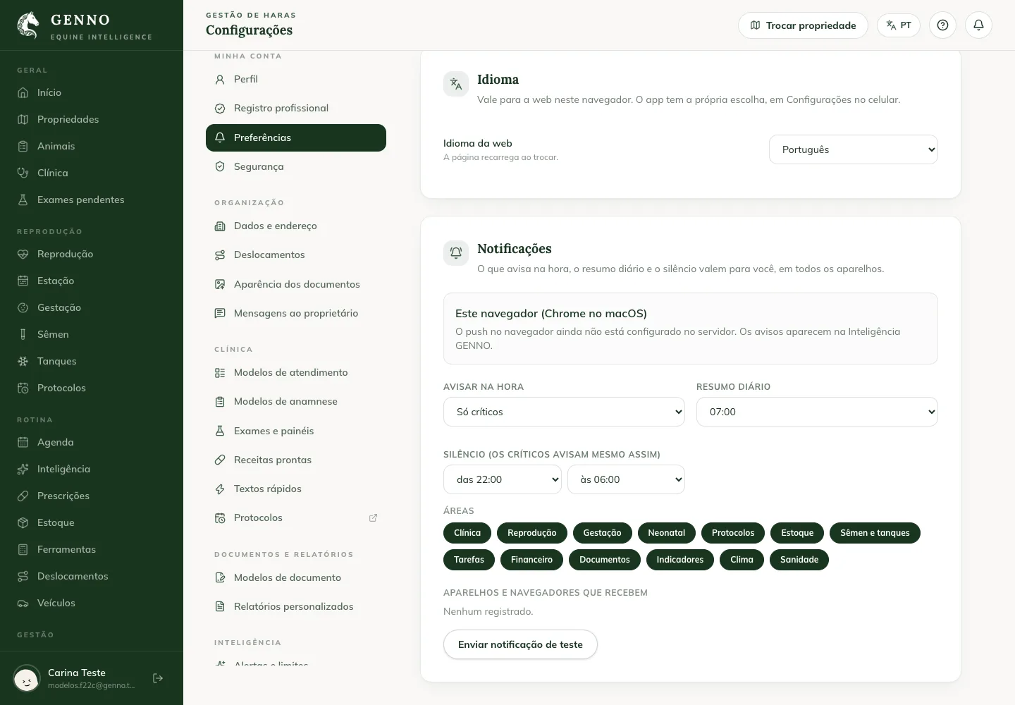 Notifications card in the web Settings, with the browser, Notify right away, Daily summary, Quiet hours, Areas and Send a test notification