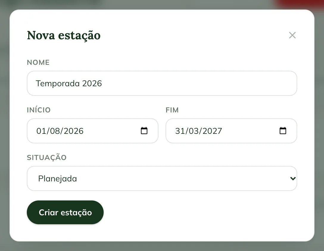 Fenster New season im Web, mit Name, Start, End und Status