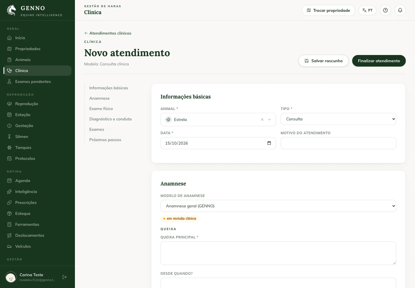 New visit page on the web, with the sections of the Consultation template and the history with questions