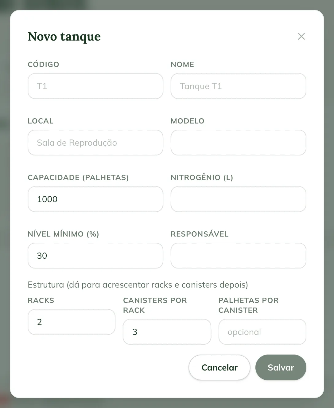 New tank window on the web, with Code, Name, Location, Capacity, Minimum level and the rack and canister structure