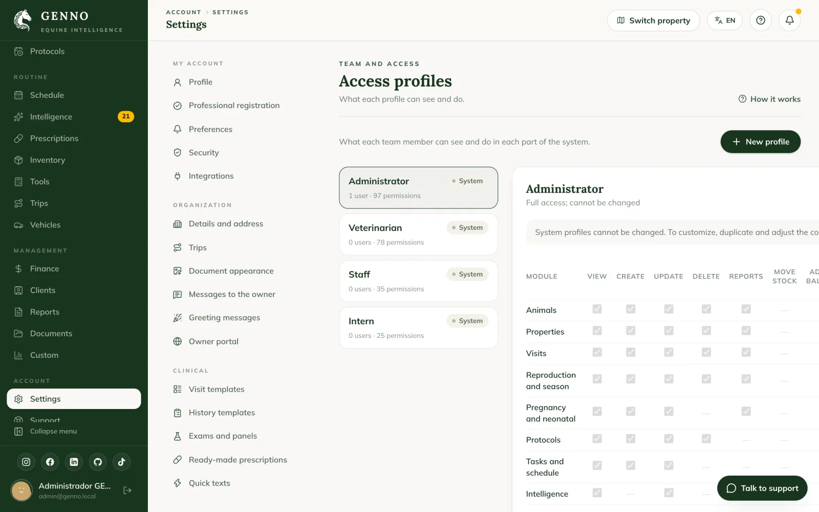 Access profiles screen on the web, with the list of profiles and the permission matrix by area and operation