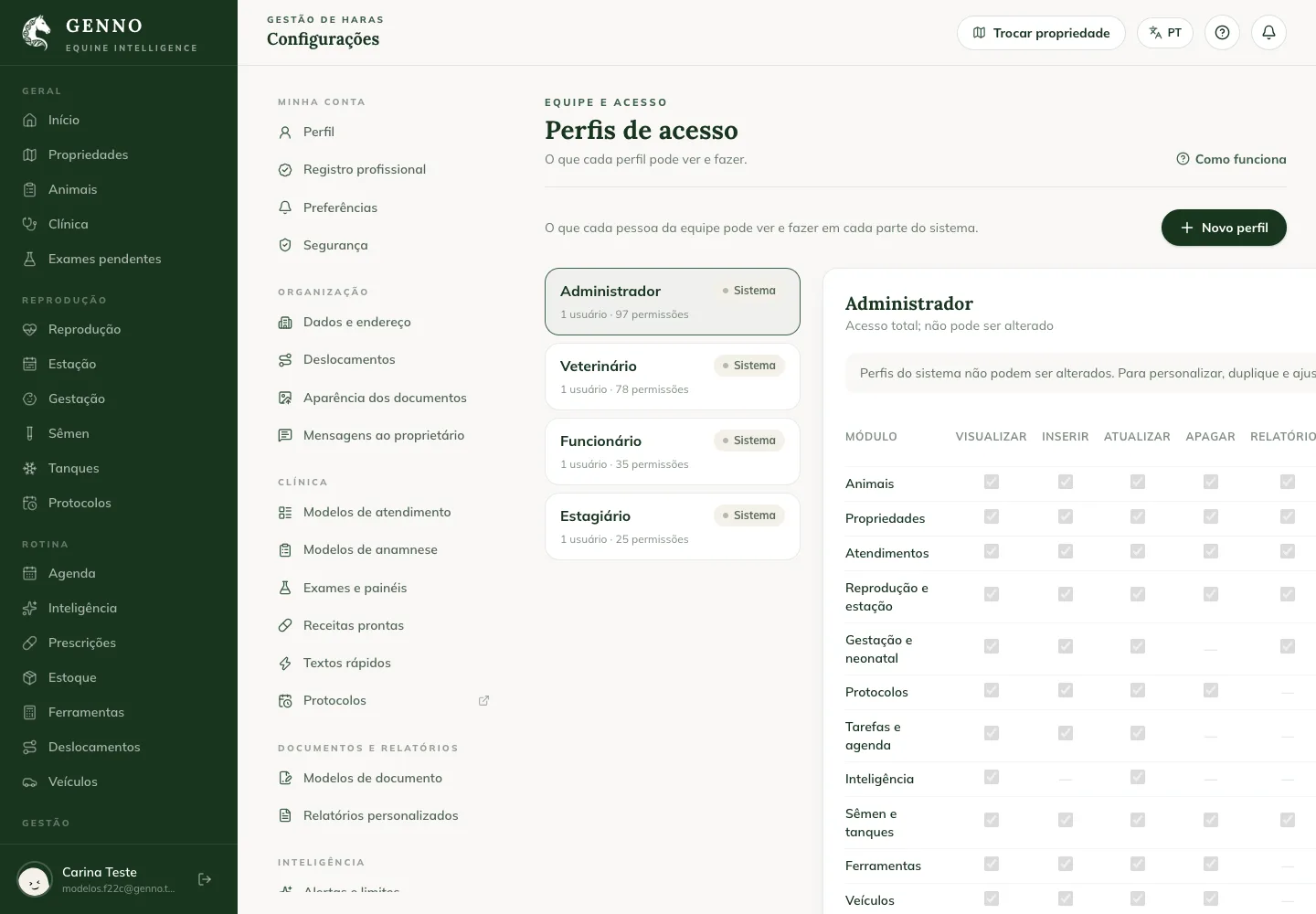 Access profiles screen on the web, with the list of profiles and the permission matrix by area and operation