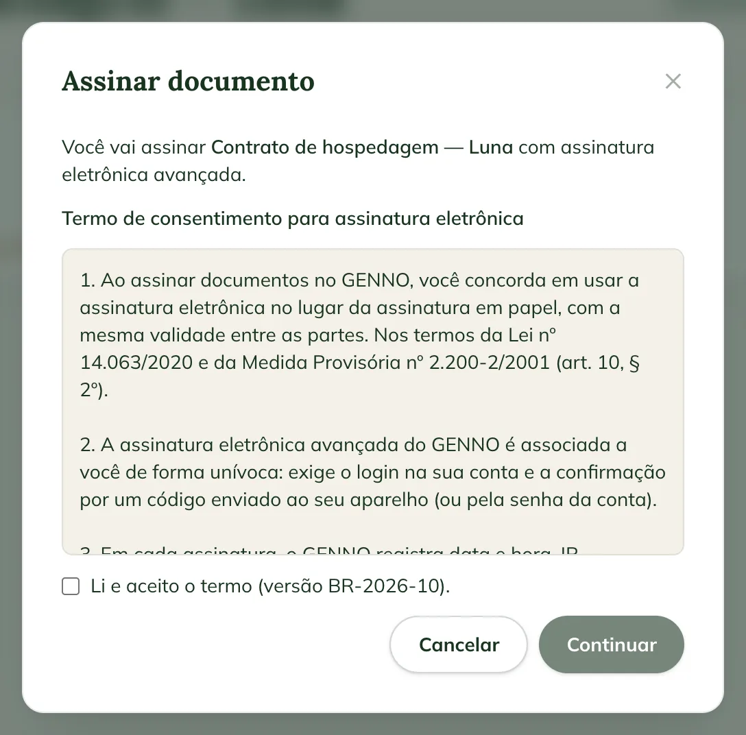 Fenster Sign document im Portal, mit den Consent terms for electronic signature, I have read and accept the terms und den Schaltflächen Cancel und Continue