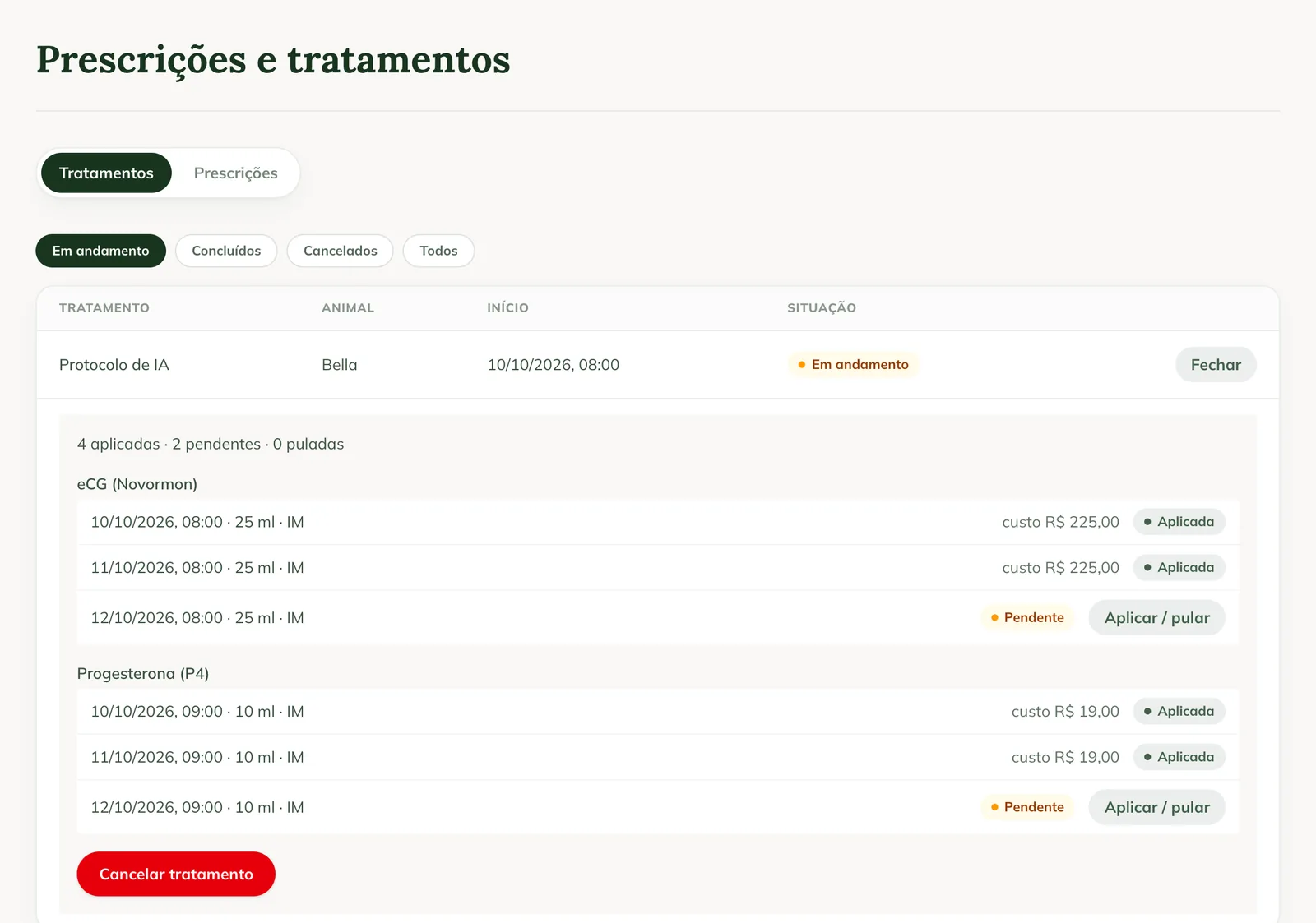 Treatments tab in Prescriptions on the web, with the given and pending doses and the Apply / skip button
